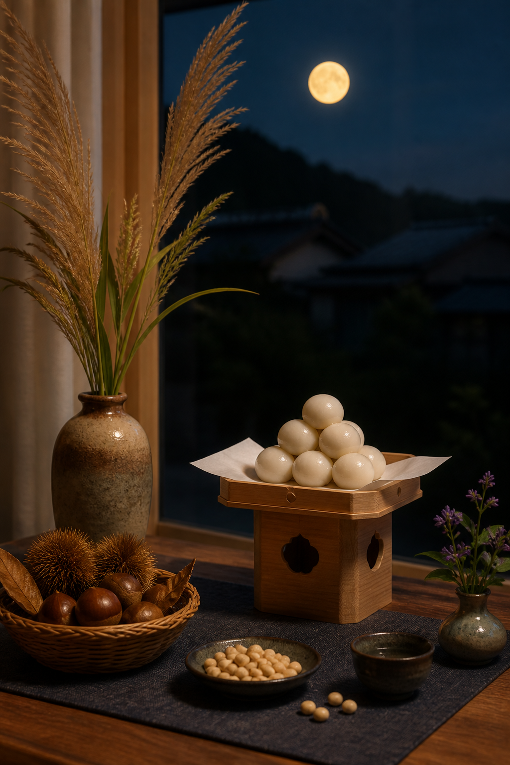 十五夜と十三夜の違いを連想しやすい小さな月見飾りを整えた秋の室内イメージ