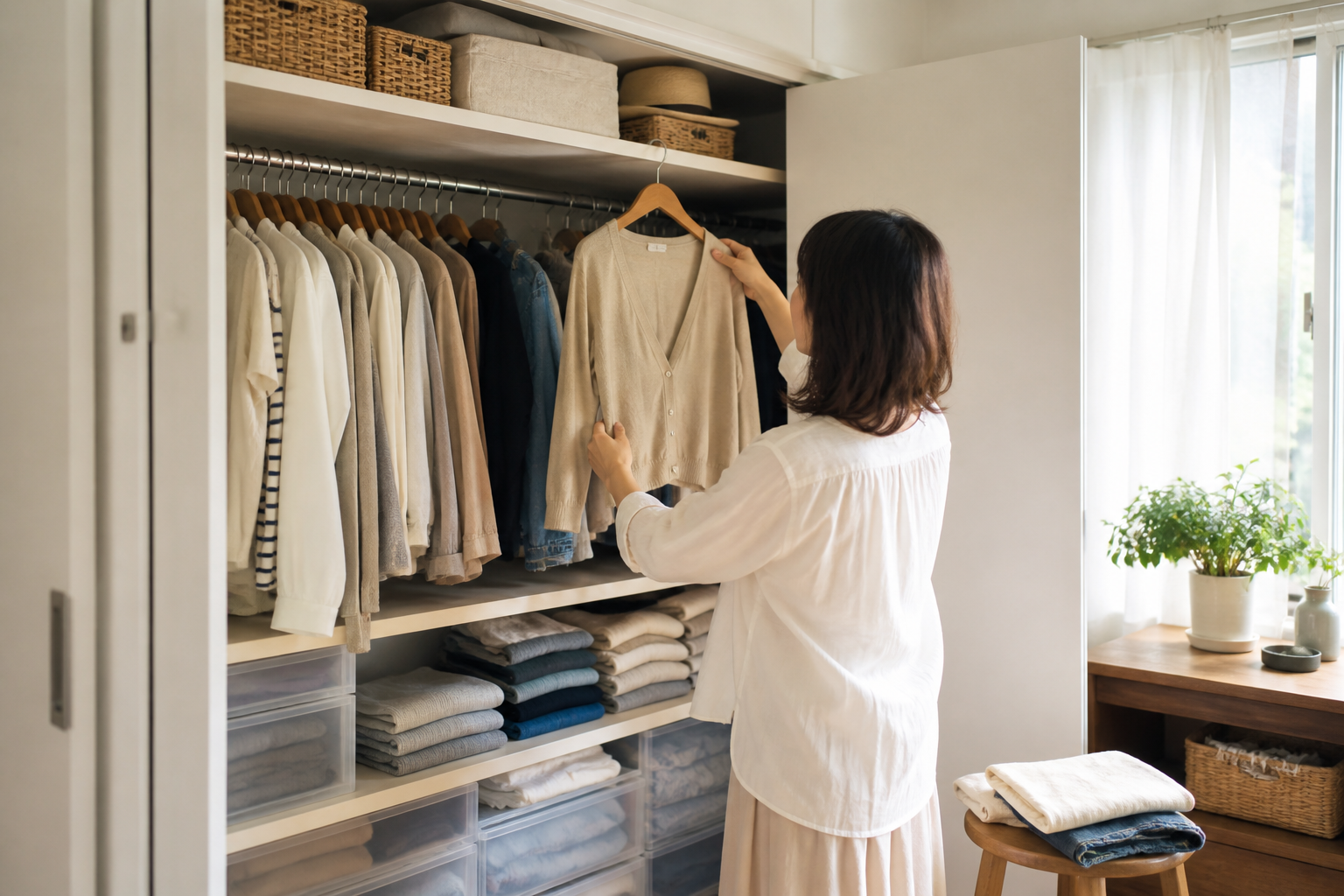 秋の衣替えで長袖と夏服を入れ替え始めた家庭のクローゼットのイメージ