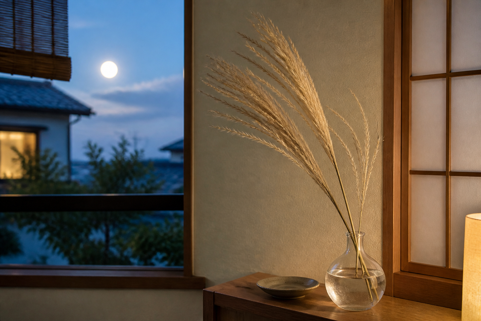 十五夜のすすきを小さな花器に飾った窓辺のお月見準備イメージ