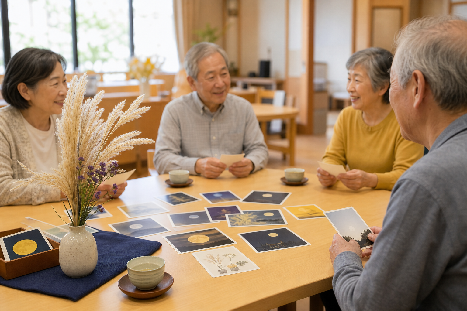 高齢者向け9月の月見会話レクでカードを囲むやわらかい室内イメージ