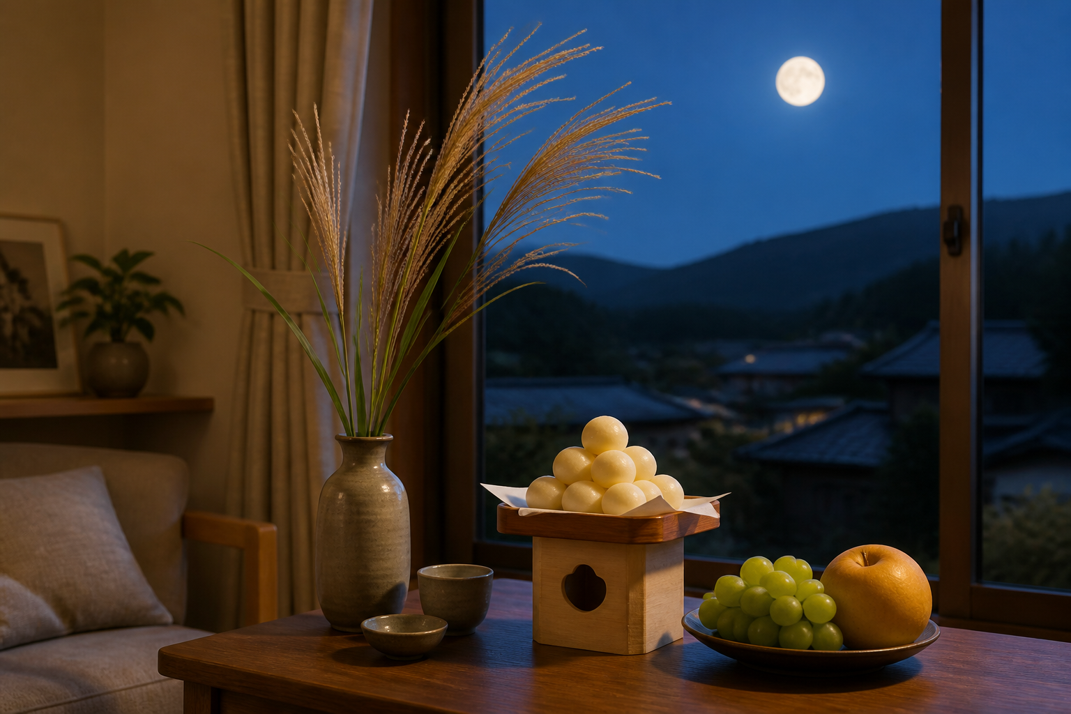十五夜のお供えを小さな台にまとめて片づけの流れを考えるやわらかな室内イメージ