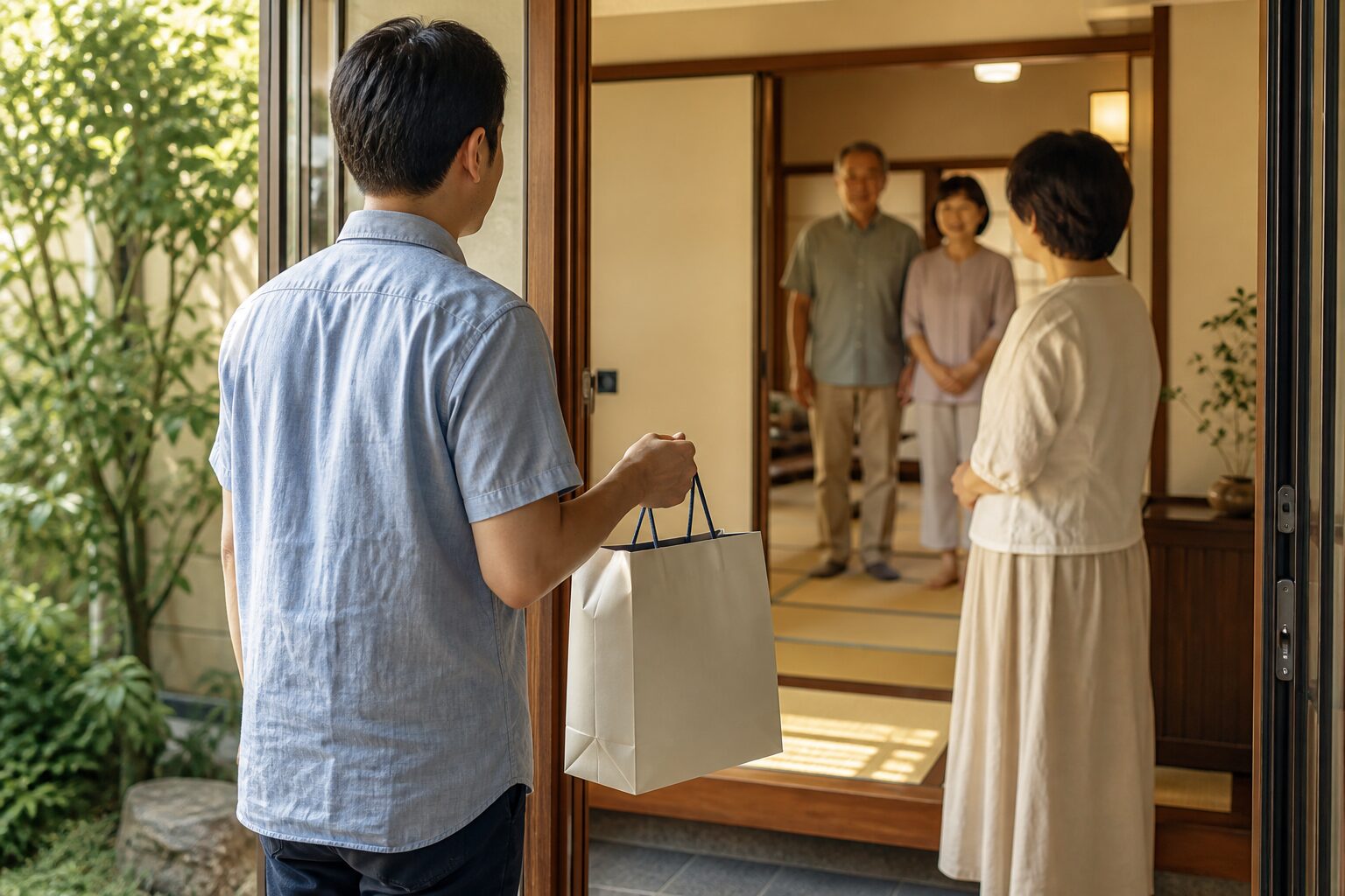 お盆の帰省先で紙袋入りの手土産を持って挨拶する家族のイメージ