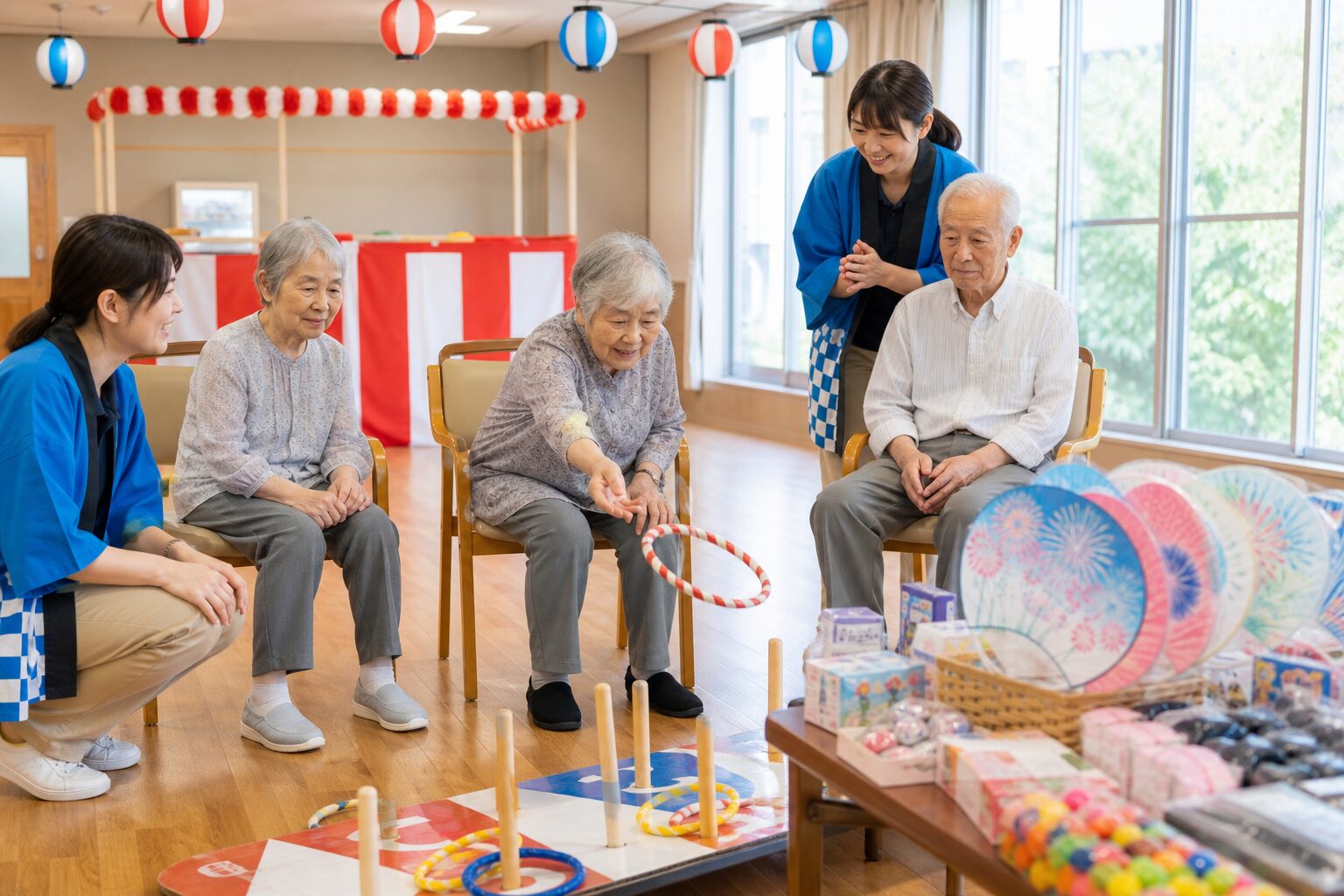 高齢者施設の夏祭りで輪投げと景品を楽しむやさしい室内のイメージ