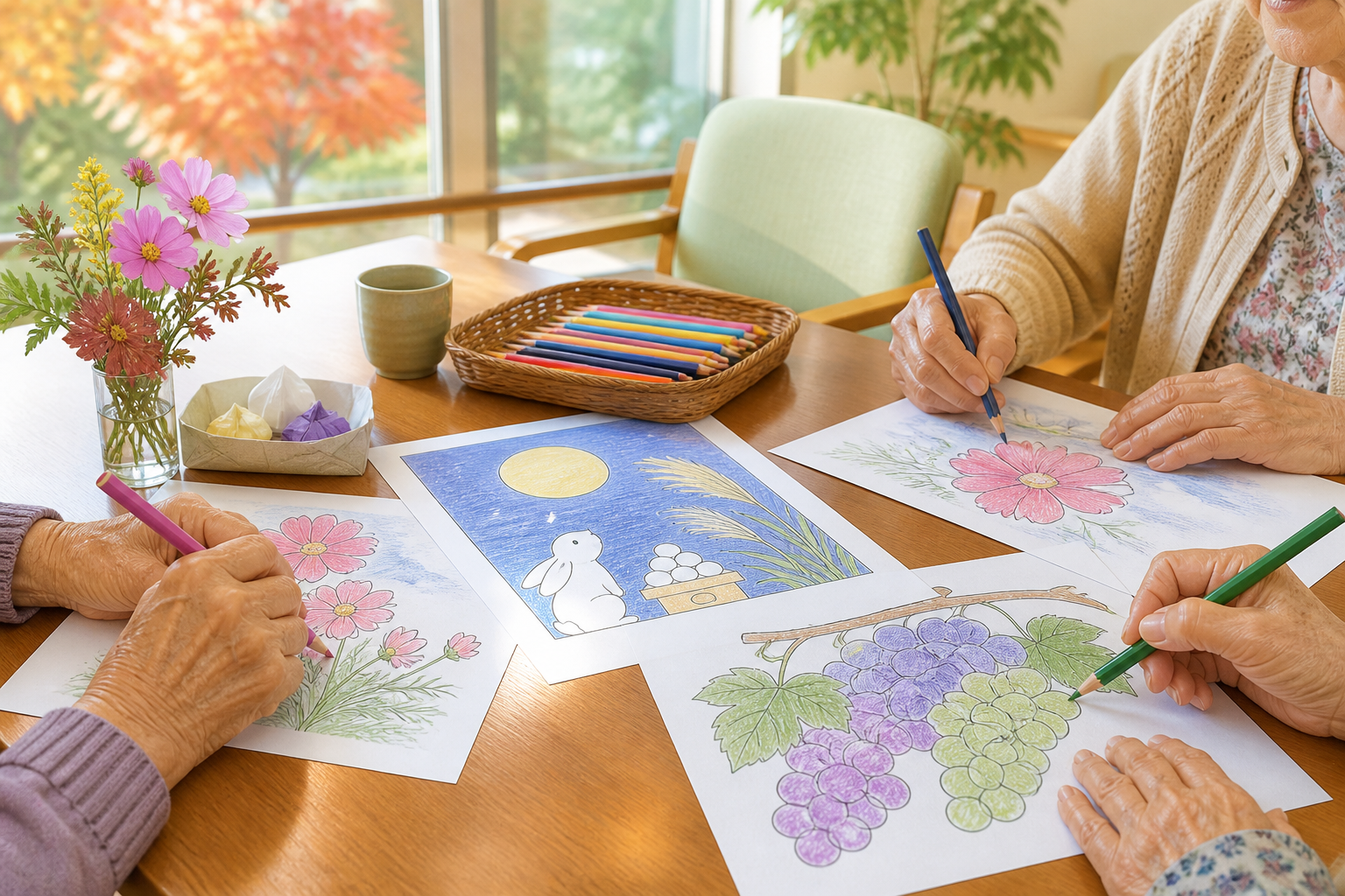 高齢者向け9月の塗り絵見本をやさしく並べた秋レク準備イメージ