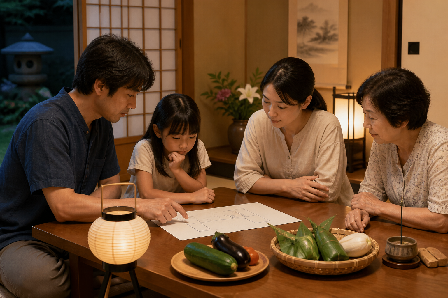迎え火と送り火の違いを家族で確認している落ち着いた室内イメージ