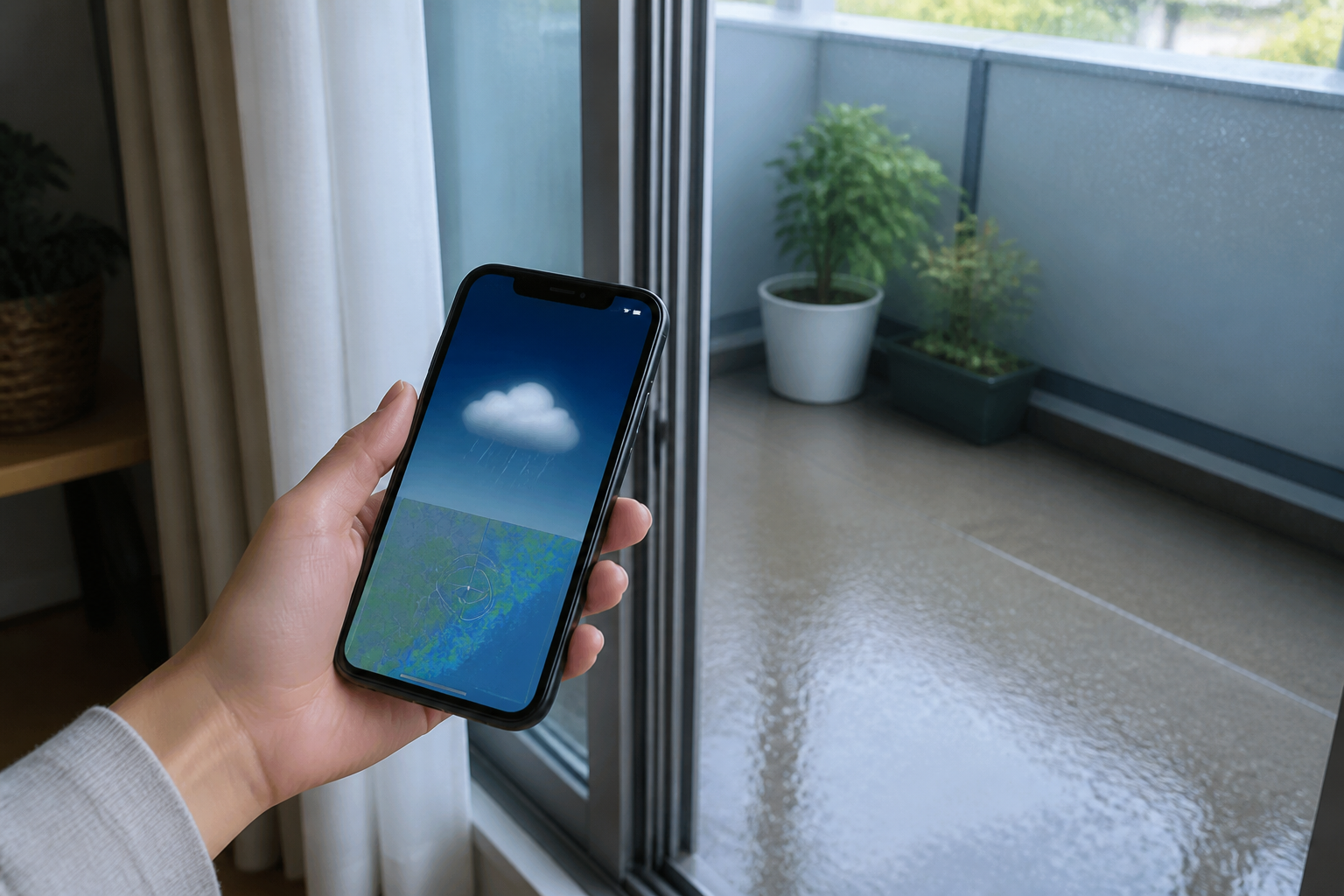 雨雲が去ったあとにスマホで警報を確認しながらベランダへ出るタイミングを見ているイメージ