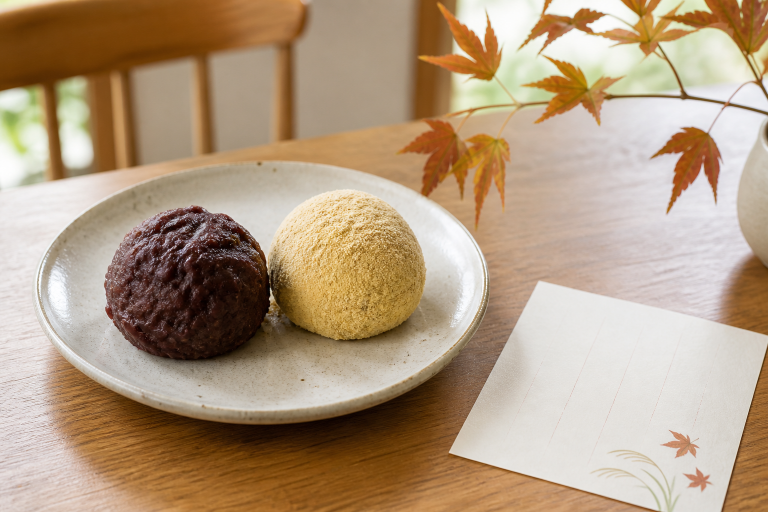秋の和菓子皿に並んだおはぎと手元の季節メモを見比べているイメージ
