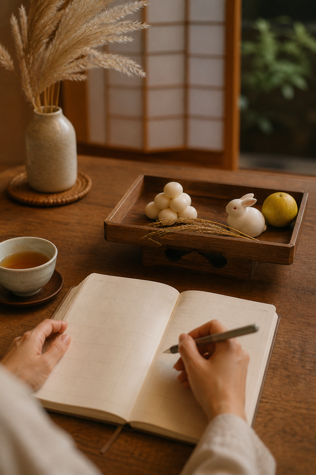 月見の日付を見比べる秋の予定帳と小さな供え台のイメージ