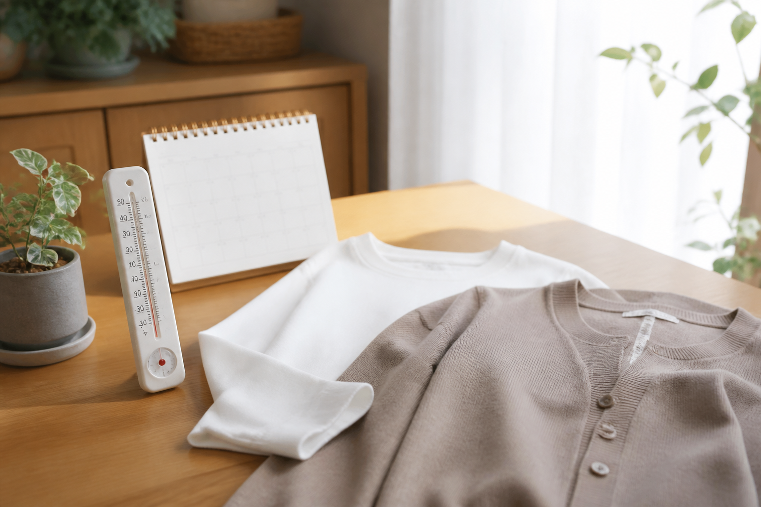 気温を見ながら秋の衣替えの時期を考えている家庭の服選びイメージ