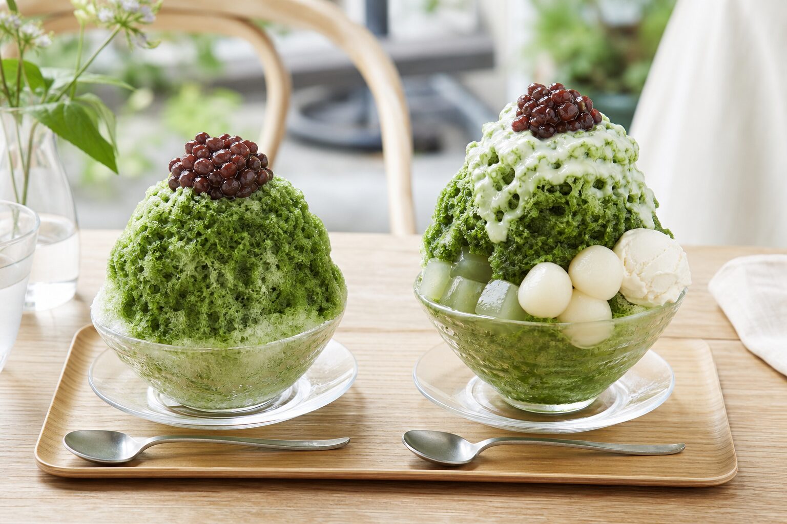 抹茶のかき氷を二つ並べて基本形と具だくさんの違いを見比べるイメージ