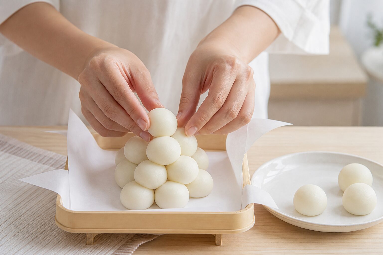 家庭で月見団子を数えながら並べている準備のイメージ
