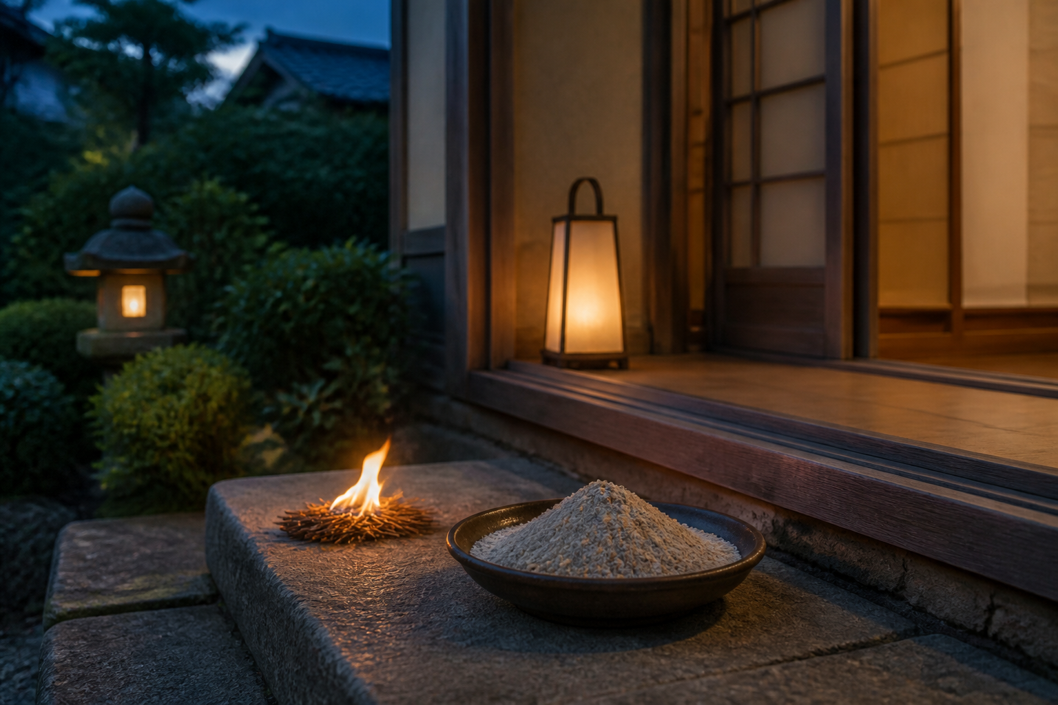 玄関先に迎え火の火と受け皿を整えたお盆のイメージ
