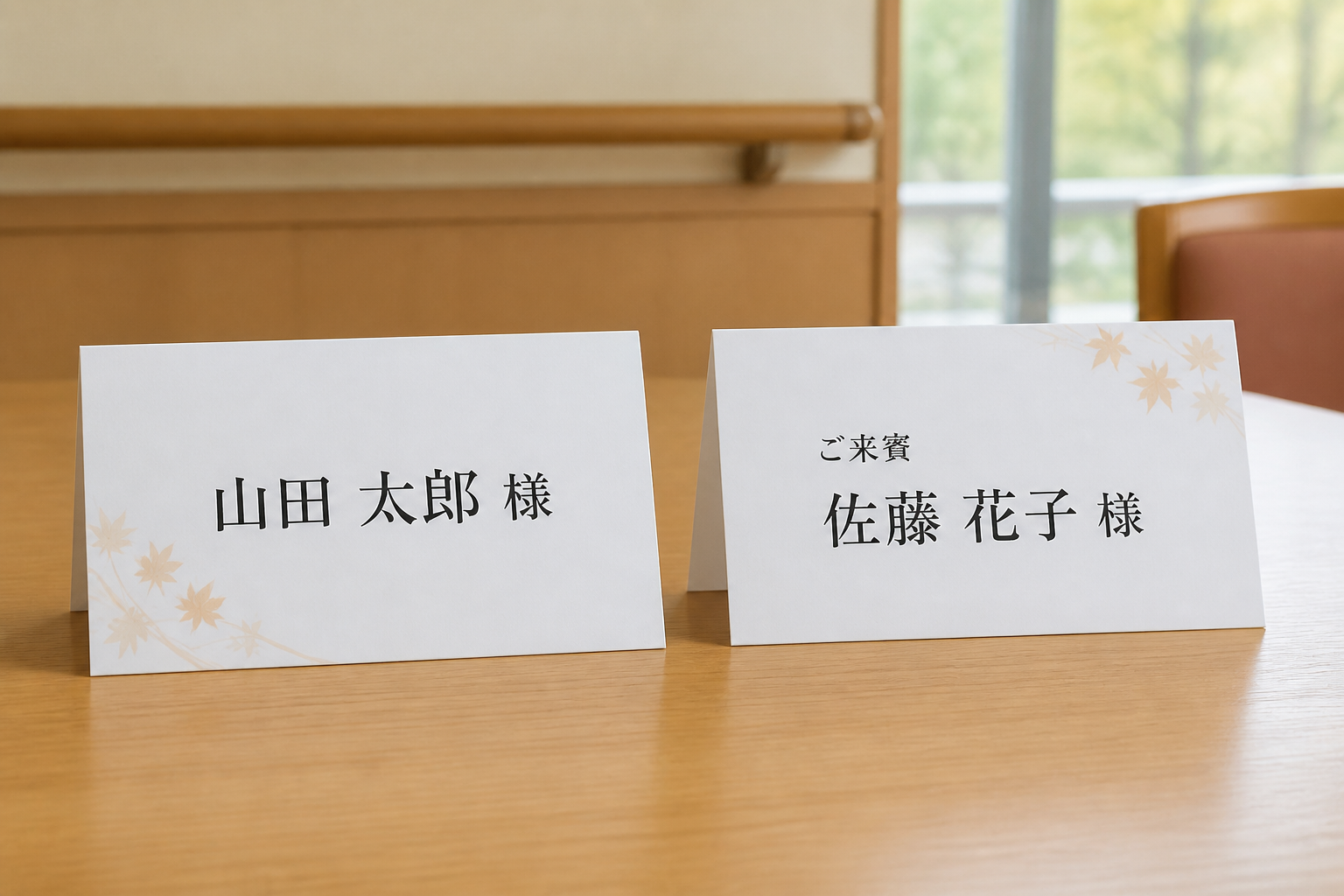 利用者席と来賓席の席札を並べて敬称と肩書きの違いを見比べるイメージ