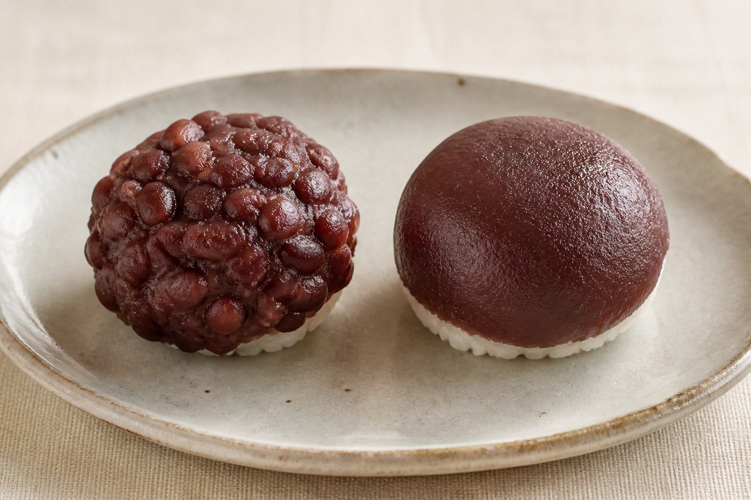 粒あんとこしあんの違いが分かるように二種類の和菓子を並べたイメージ