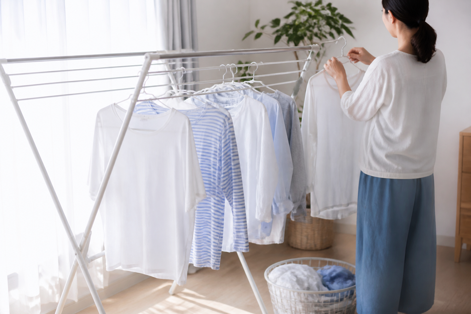 しまう前の夏服を明るい室内でしっかり乾かしているイメージ