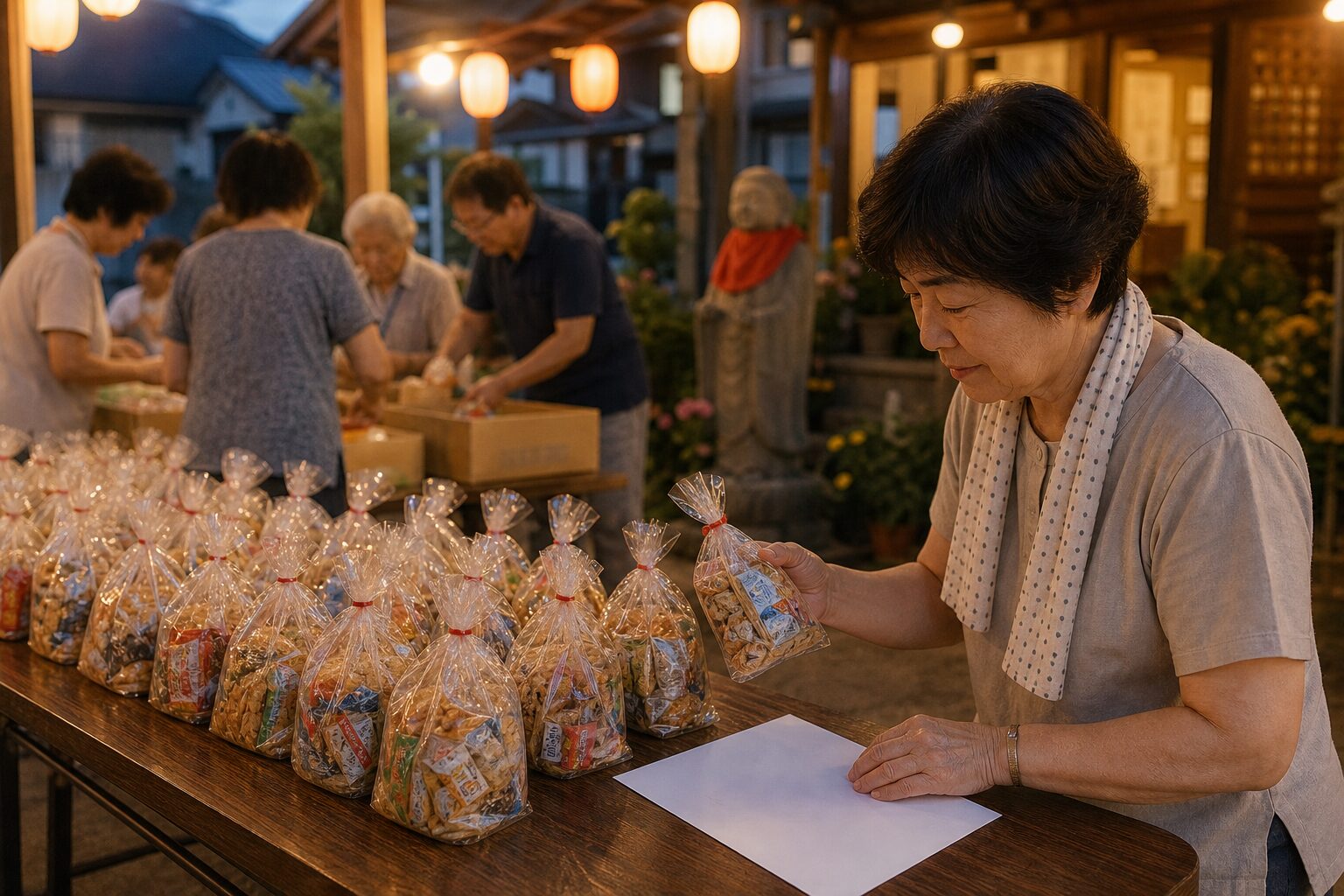 地蔵盆の子ども人数を数えながら配布袋を並べるイメージ