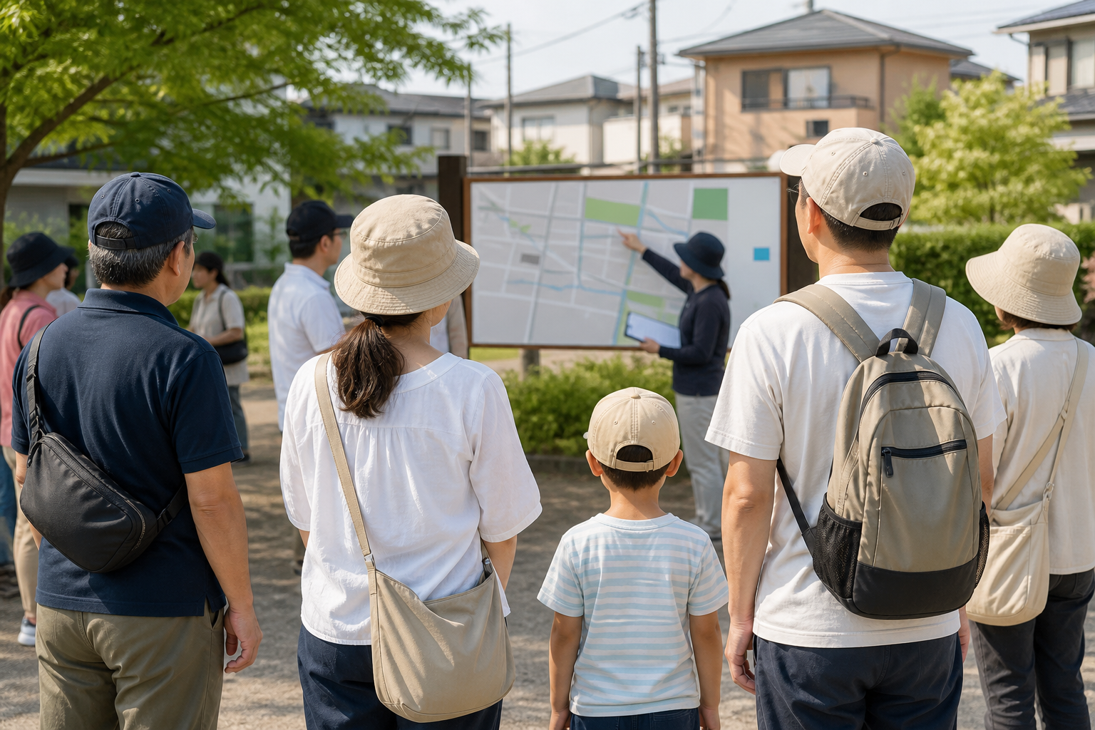 地域の集合場所へ向かう防災訓練参加者の後ろ姿