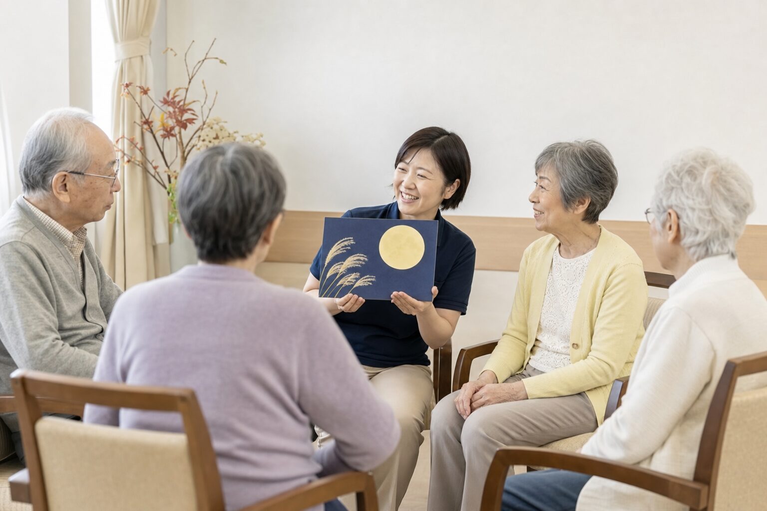 月見を話題にしながら高齢者が穏やかに会話するレクのイメージ
