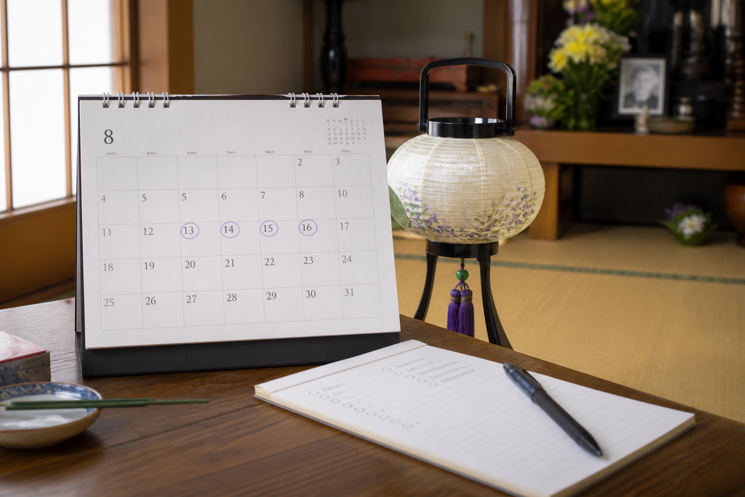 8月13日から16日のお盆日程を確認する季節準備イメージ