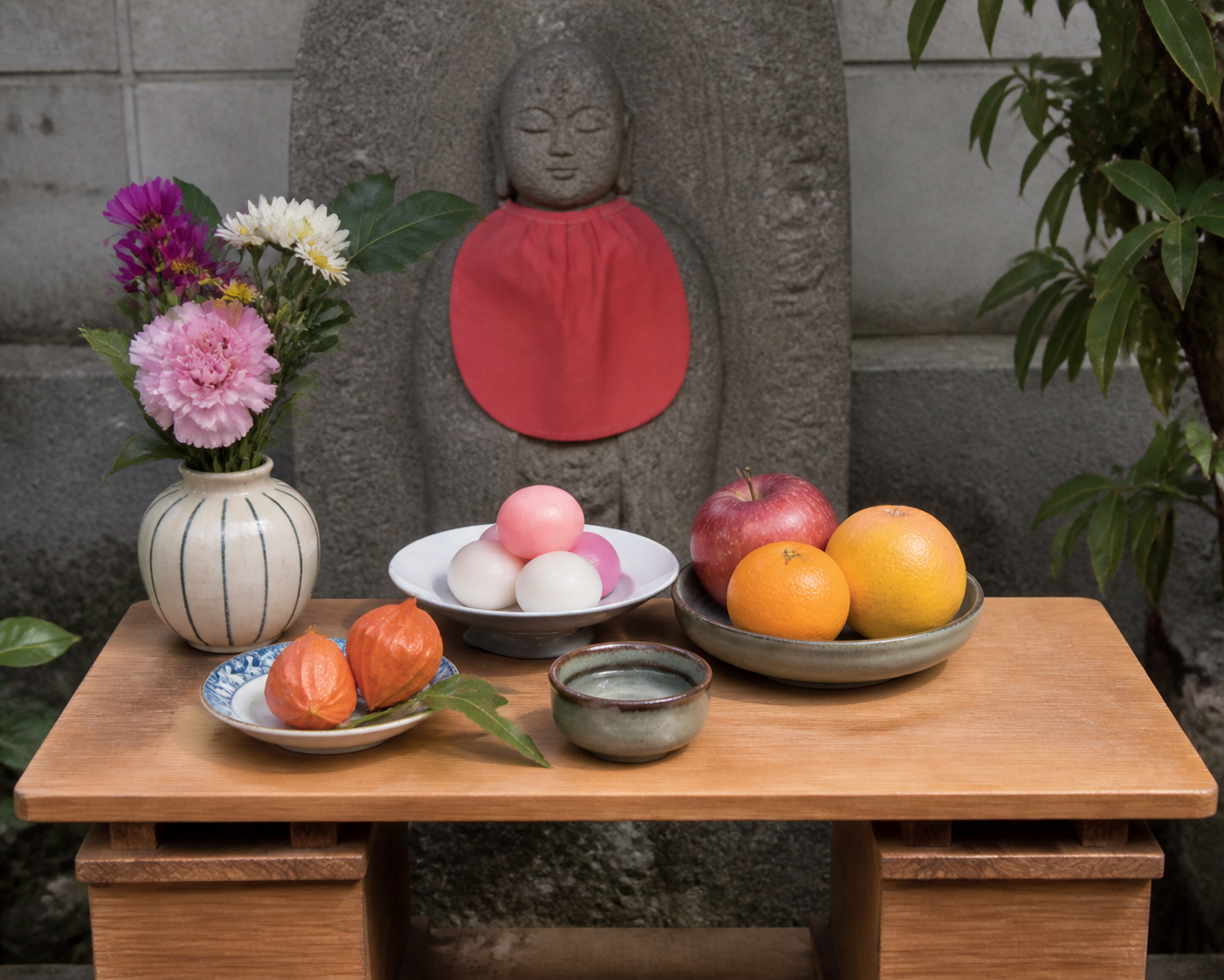 地蔵盆で花とお菓子と果物を控えめに並べた供え方イメージ