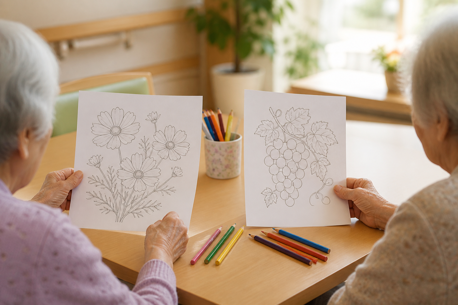 コスモスとぶどうの塗り絵を選びながら色を決める手元イメージ