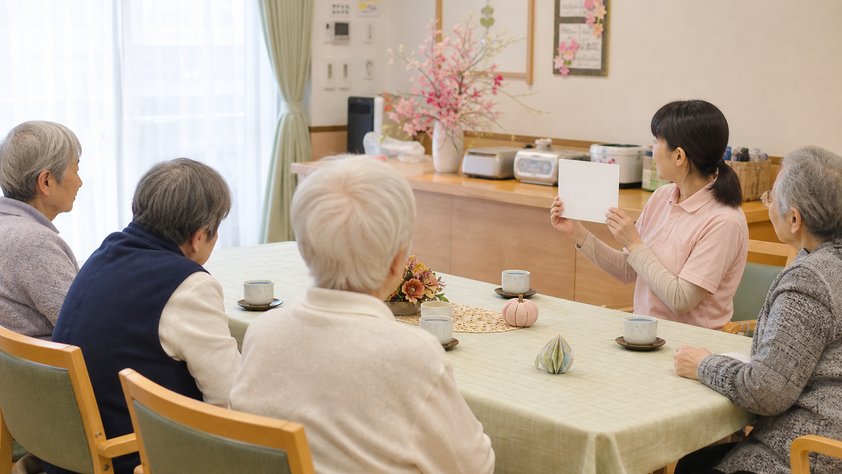 少人数の高齢者レクで短いカードを見せながら敬老会の流れを説明するイメージ