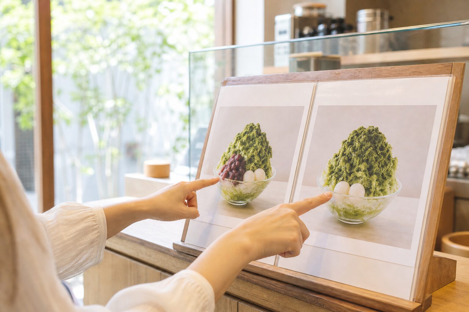 甘味処のかき氷メニューを前に二つの選択肢で迷う手元のイメージ