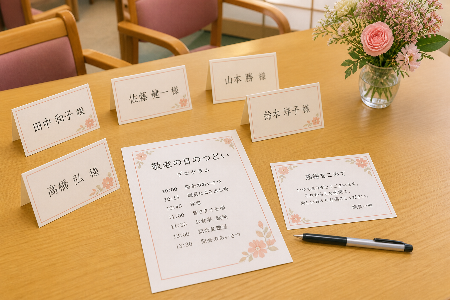 席札とプログラムとメッセージカードを机上で確認する敬老会準備イメージ