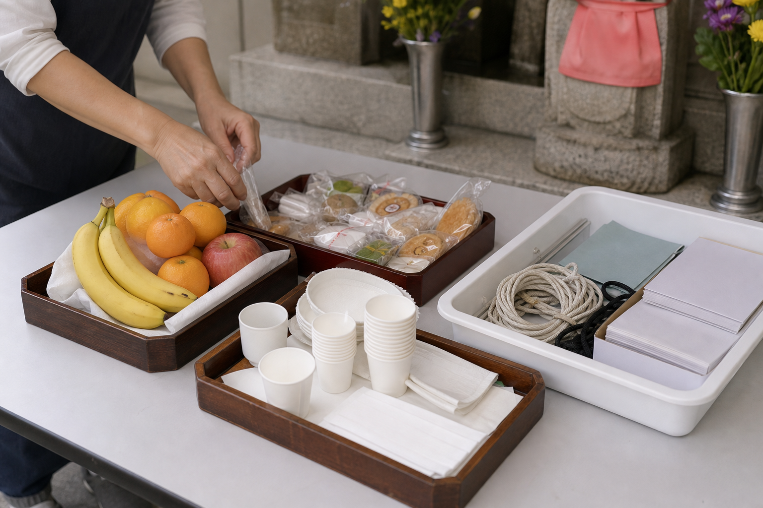 供え物と配り菓子の残りを食品と備品で分けて整理する机上イメージ