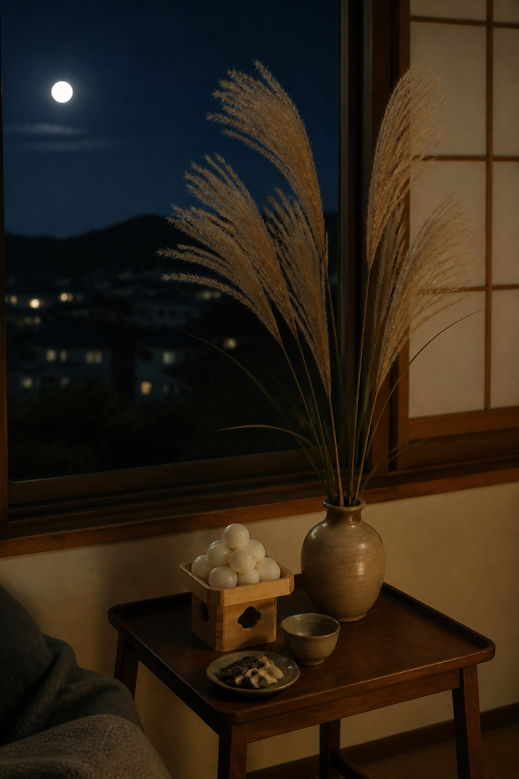 窓辺の月見台と静かな夜の空を合わせた家庭的な秋のイメージ