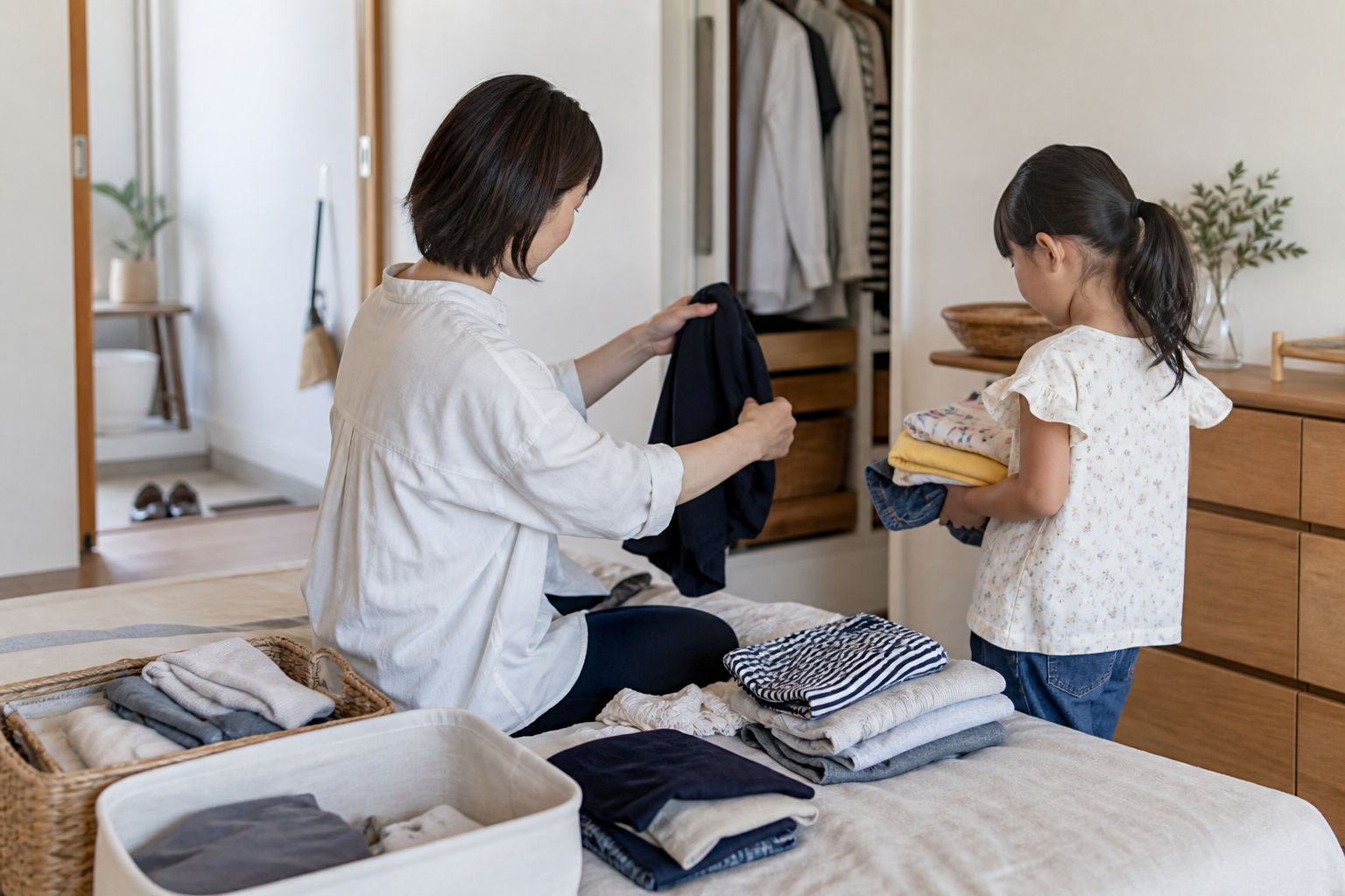 大人と子どもの服を秋の移行期用に選び分けているイメージ