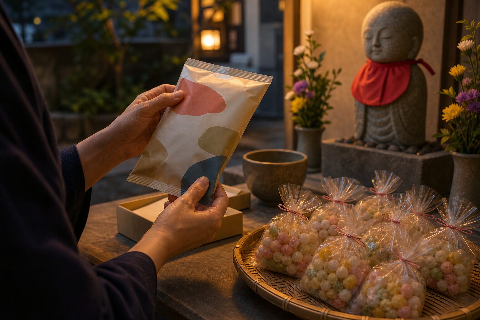 外袋の表示を見ながらお菓子を確認する手元のイメージ
