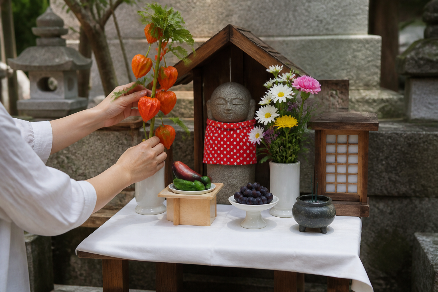 地蔵盆の祭壇でほおずきの置き場所を整える準備イメージ