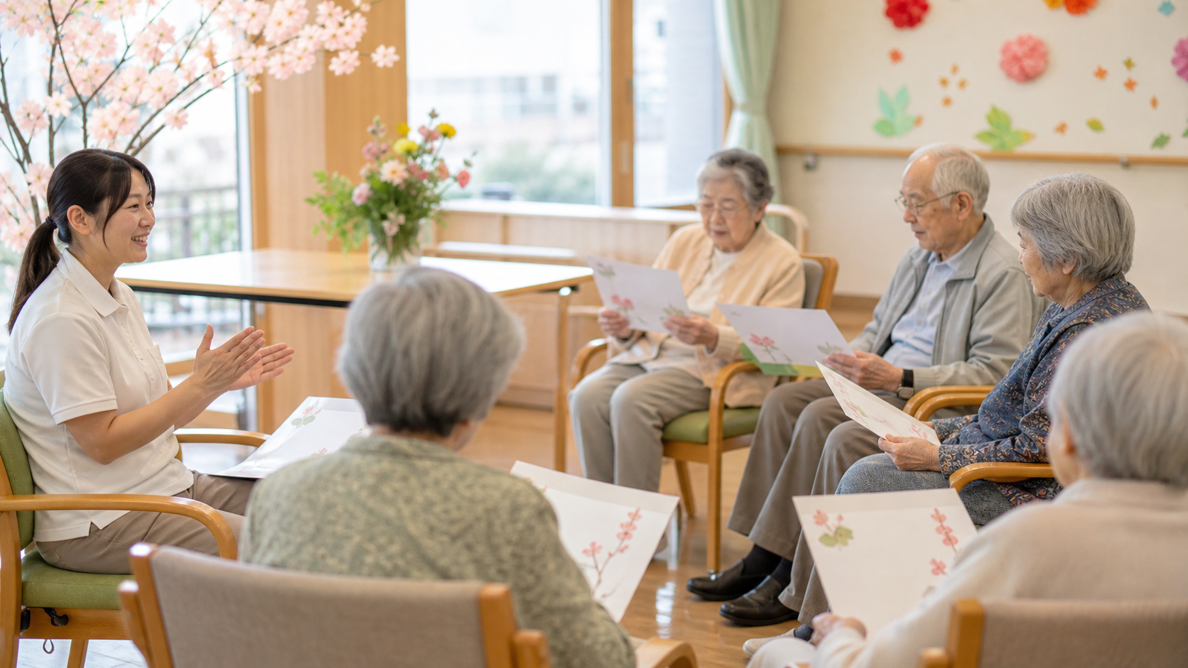 高齢者施設で歌の紙を手にしながら敬老会の中盤を進めるイメージ