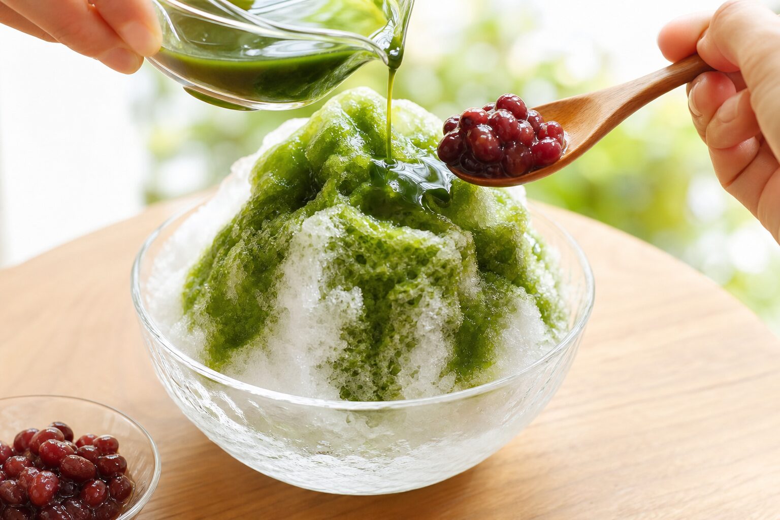 抹茶蜜と小豆をかき氷へのせて宇治金時の基本形を作るイメージ