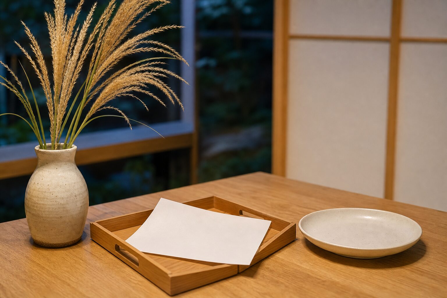 すすきと皿と敷き紙をそろえた十五夜準備のイメージ