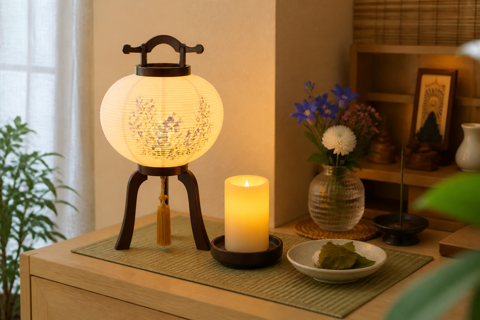 火を使いにくい家でLEDろうそくとミニ盆提灯を整えるイメージ