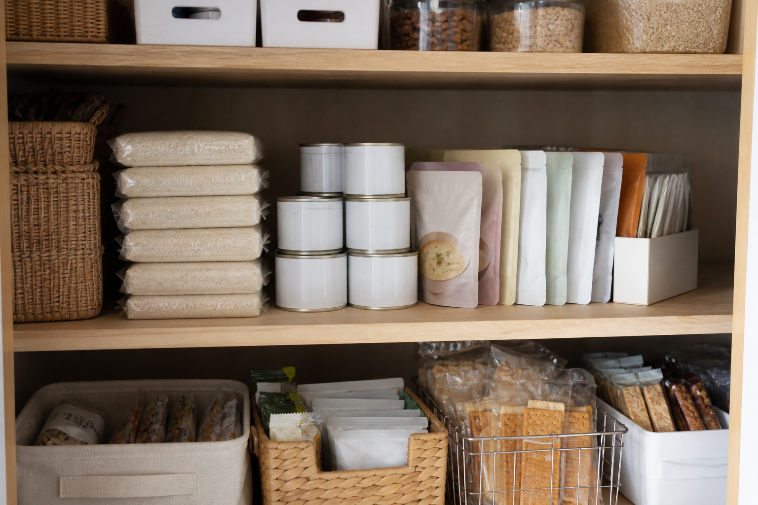 普段の食品と非常食を同じ棚でローリングストックとして並べた家庭備蓄イメージ