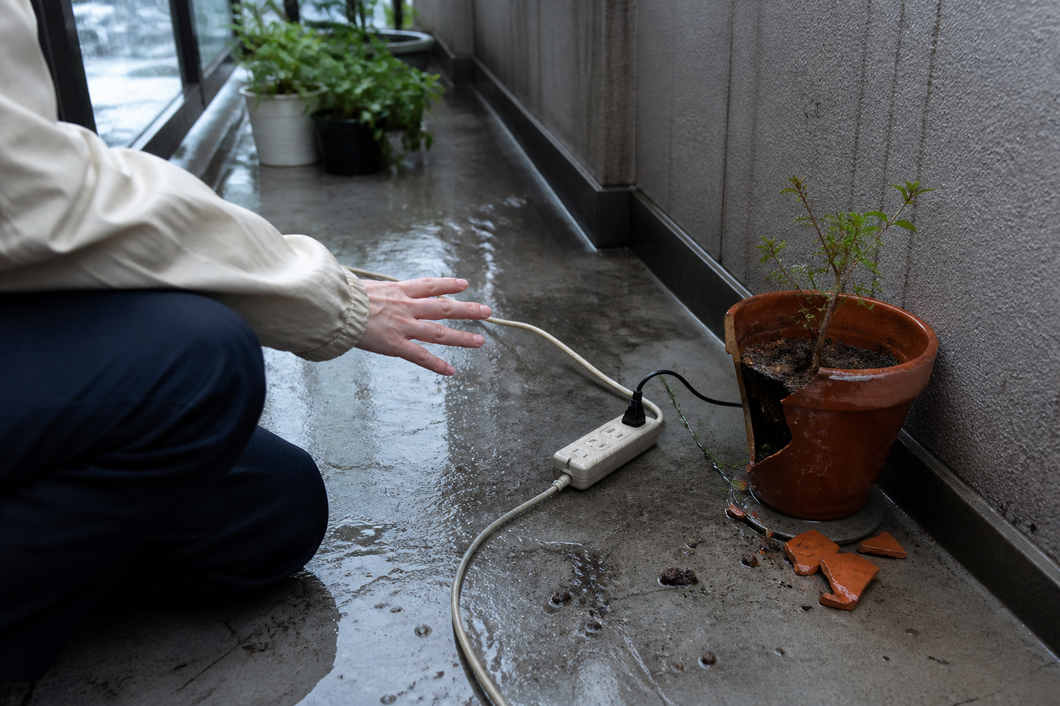 濡れた延長コードと割れた鉢を前にして無理に触らず確認しているイメージ