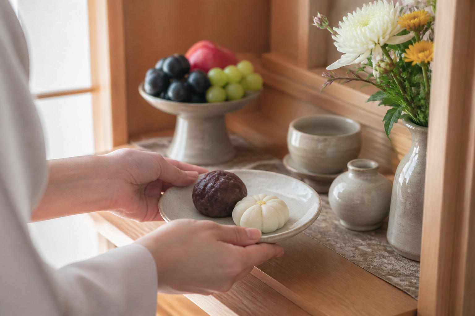 お供えの和菓子を仏壇前でやさしく整えている秋彼岸のイメージ