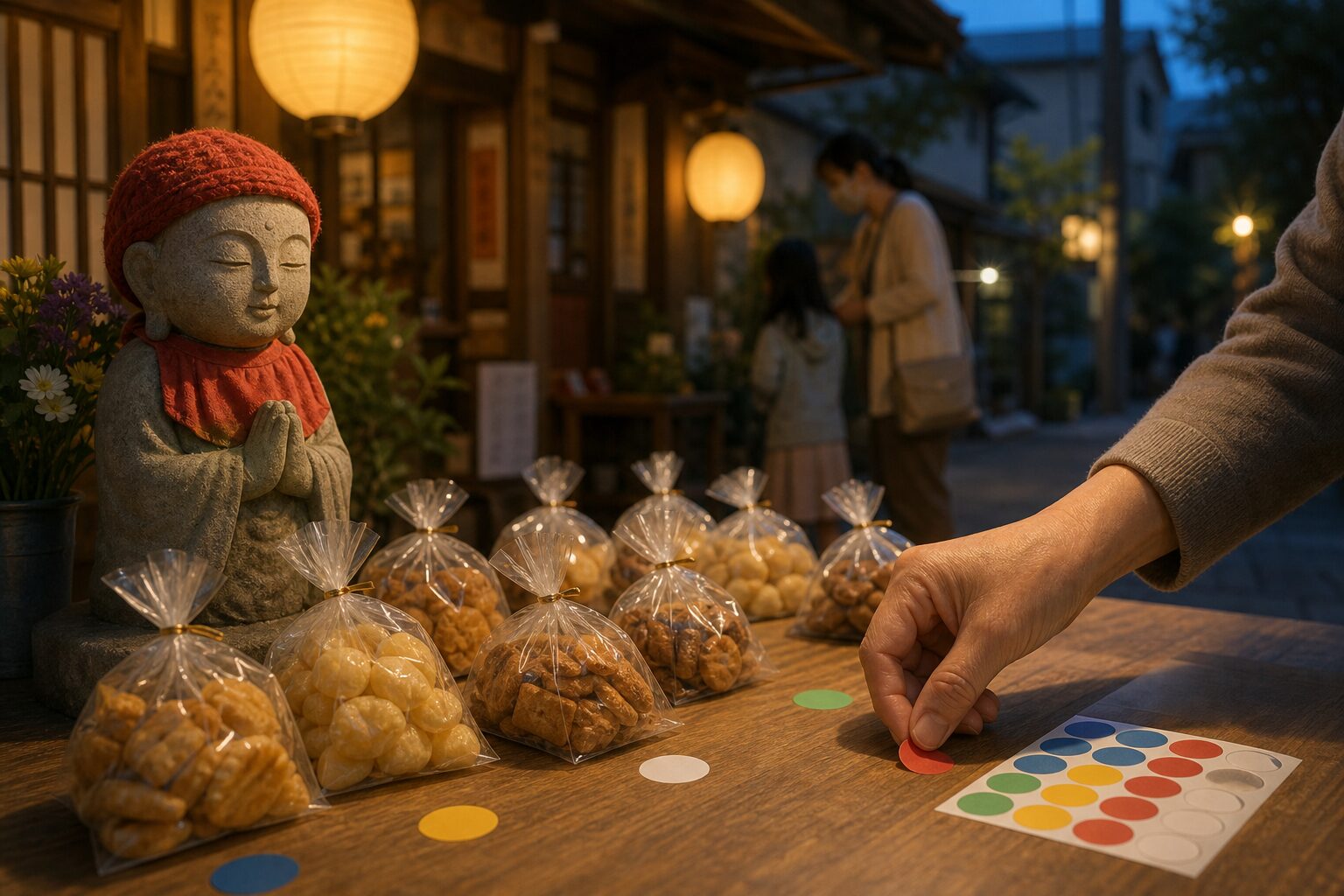 色シールで地蔵盆の配布袋を分ける町内会準備のイメージ