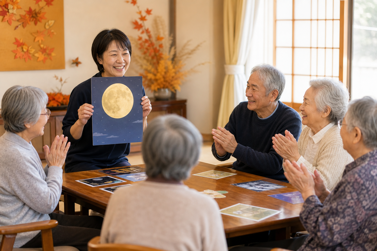 月見カードを見せながら拍手が起きる高齢者向け会話レクのイメージ