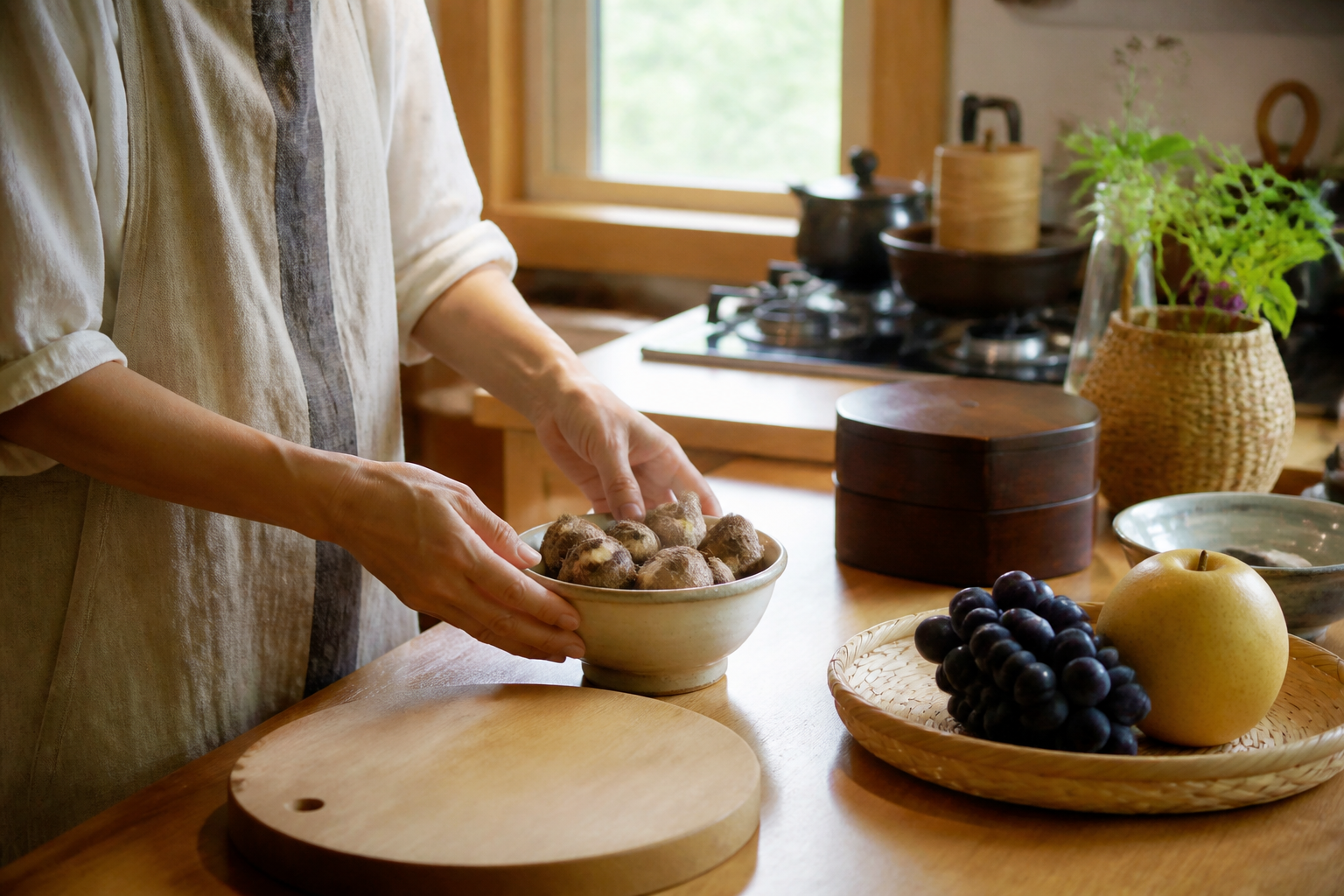 里芋と果物を翌日の食卓へ回しやすく並べた秋の台所イメージ