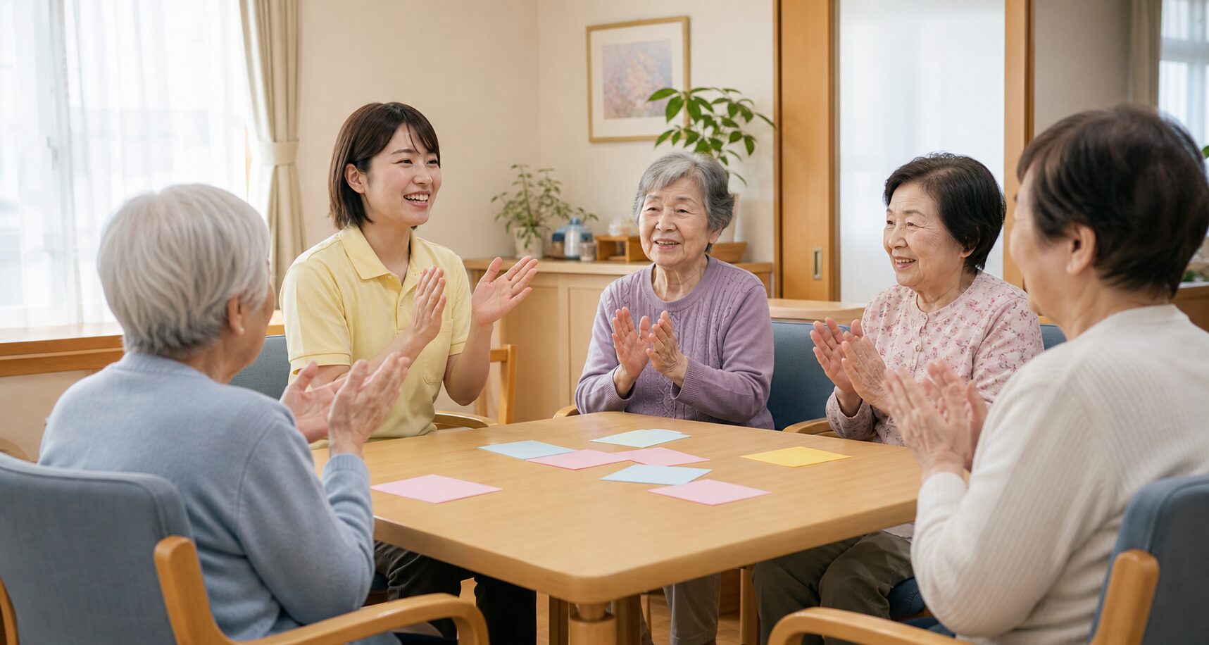 座ったまま拍手ゲームや一言カードを楽しむ高齢者レクのイメージ