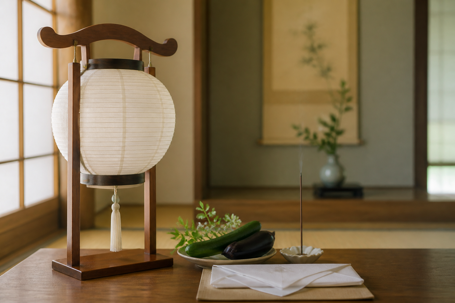 初盆の白提灯と控えめなお供え飾りを整えるイメージ