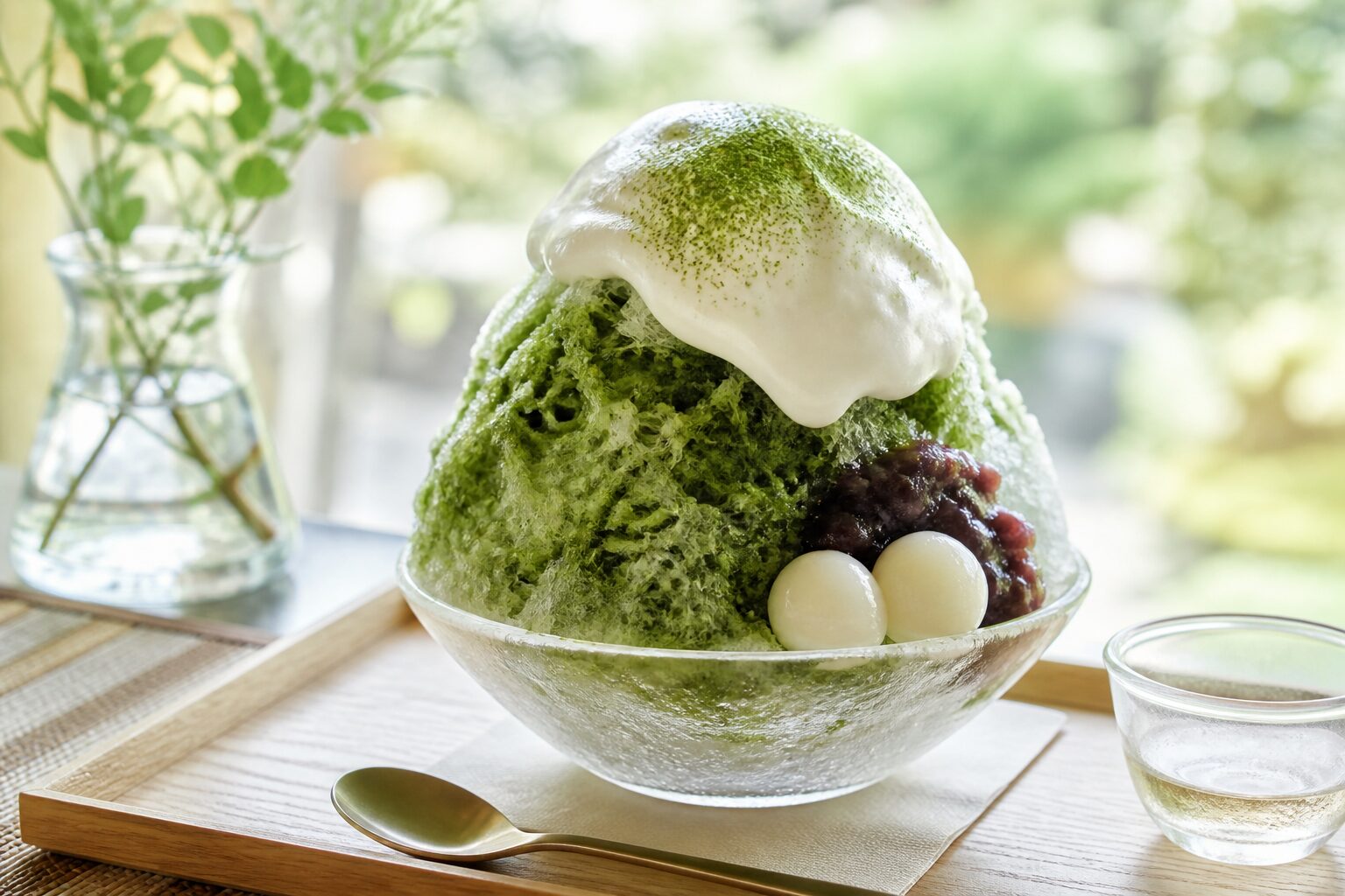 白玉やクリーム感のある具をのせた宇治しぐれ風かき氷のイメージ