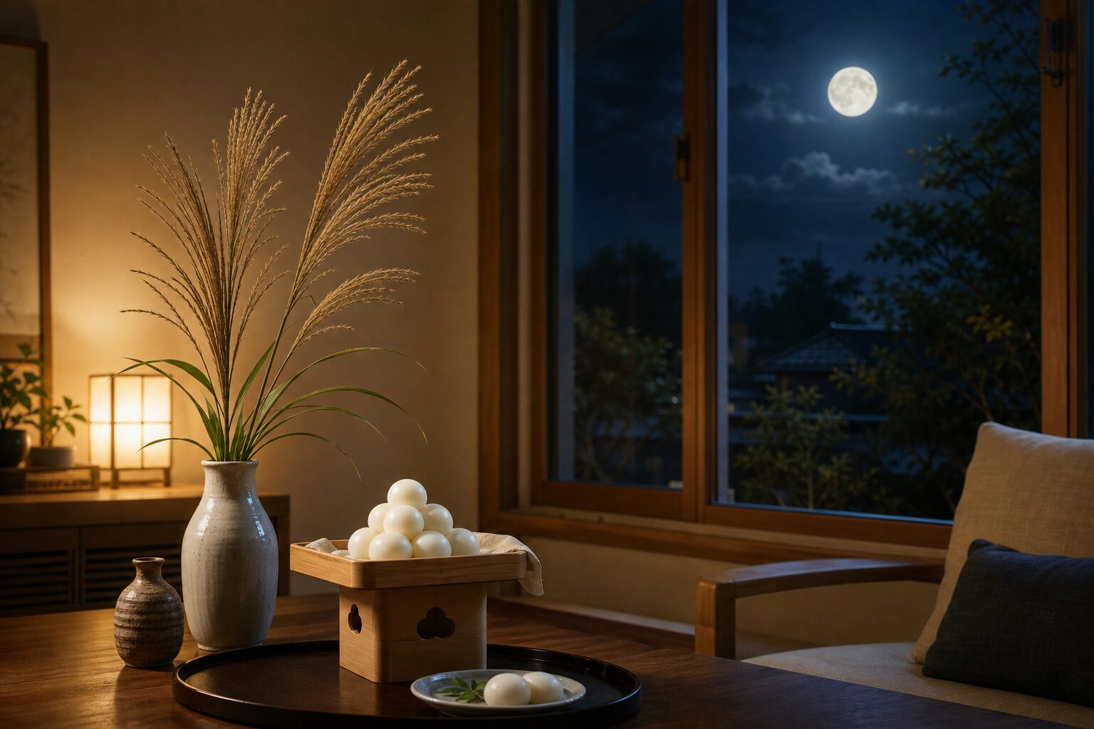 月見団子を飾り終えた静かな秋の夜の室内イメージ