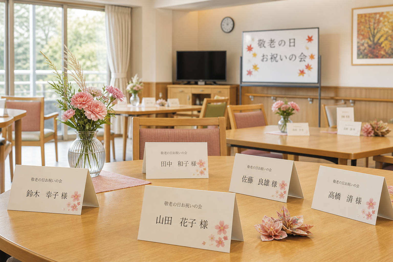 敬老会会場のテーブルに読みやすい席札が穏やかに並んだ完成イメージ