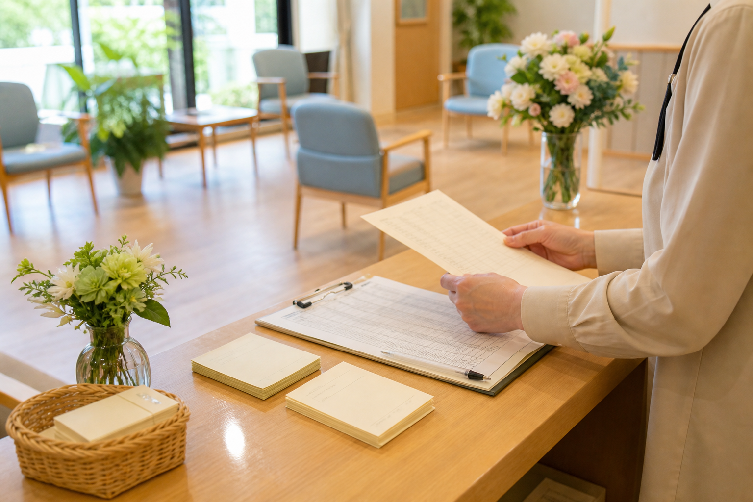 敬老会受付で返信済み名簿を確認する落ち着いた会場イメージ