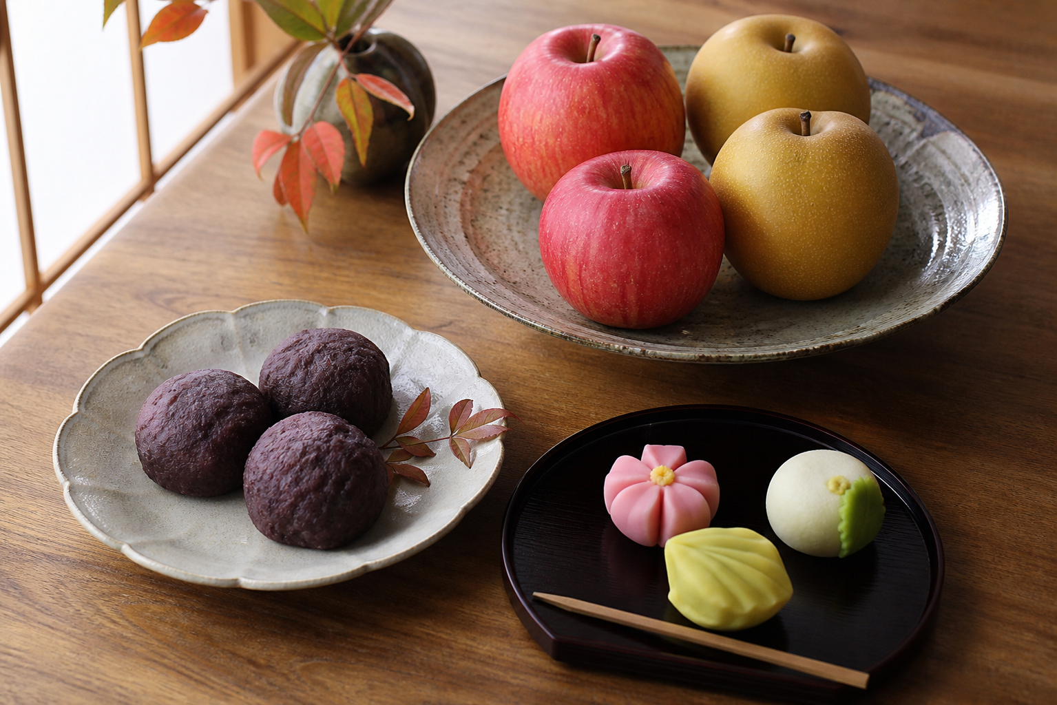 日持ちしやすい果物と傷みやすい菓子を見比べて置き方を考える机上イメージ